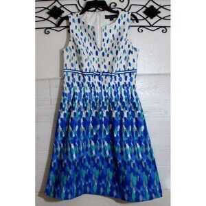 Perceptions White Dress with Blue & Teal Brushstroke Print